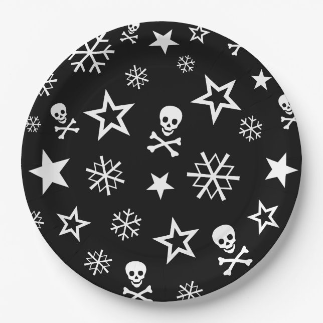 Plato De Papel Calaveras y copos de nieve (Anverso)