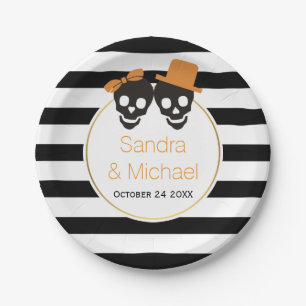Plato De Papel Calaveras y rayas modernas boda de Halloween