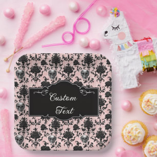 Plato De Papel Calaveras y Rosas Goth de color Rosa y Negro