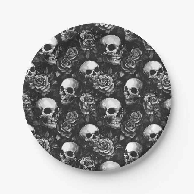 Plato De Papel Calaveras y Rosas Halloween Negro (Anverso)