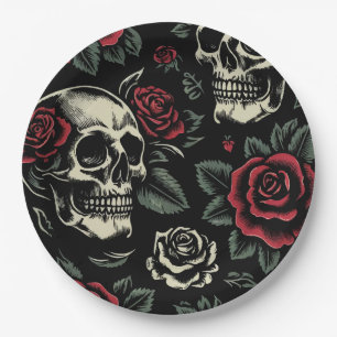 Plato De Papel Calaveras y rosas rojas Floral gótico