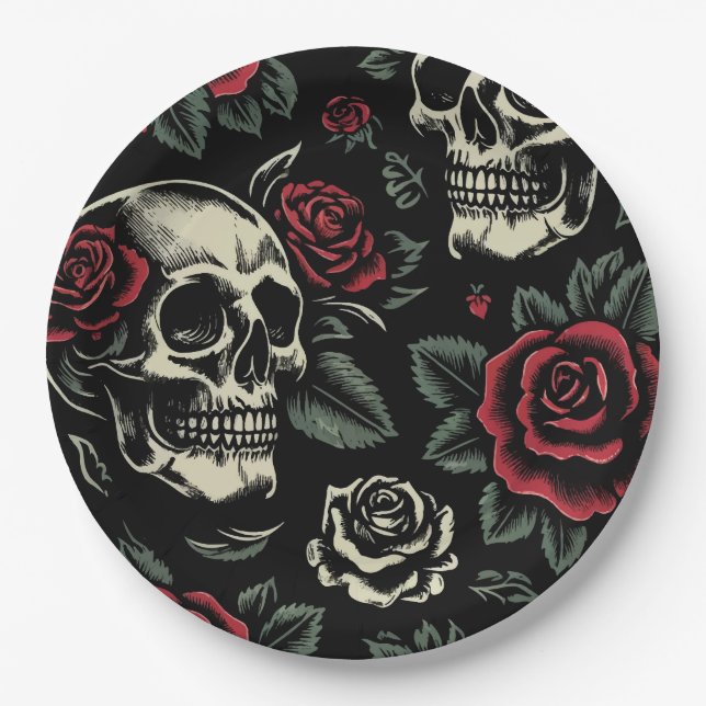 Plato De Papel Calaveras y rosas rojas Floral gótico (Anverso)