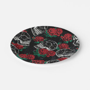 Plato De Papel Calaveras y rosas rojas Gótico moderno Glam Grun
