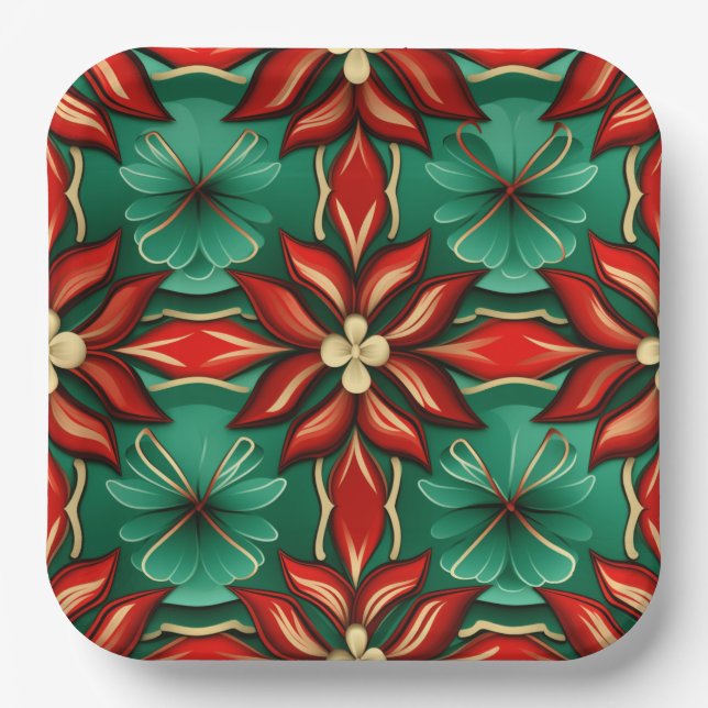 Plato De Papel Caleidoscopio verde y rojo festivo (Anverso)