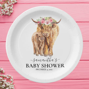 Plato De Papel Calf Baby Shower de color de agua de vaca Highland