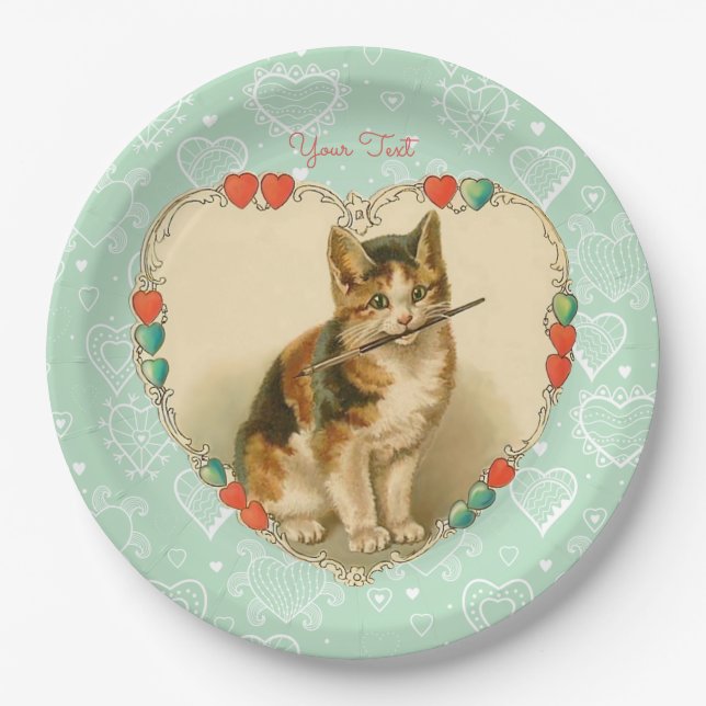 Plato De Papel Calico Kitten Valentine Hearts (Anverso)