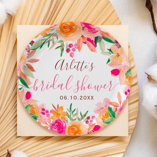 Plato De Papel Cálida ducha de novia florida de otoño (Bold fall floral watercolor bridal shower welcome paper plates)