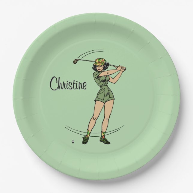 Plato De Papel Cálido para Golfing Personal Lady Golfer Green (Anverso)