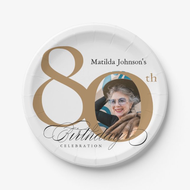 Plato De Papel Caligrafía 80 cumpleaños elegante oro foto blanca (Anverso)