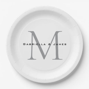 Plato De Papel Caligrafía de gris blanco negro monogramada encant