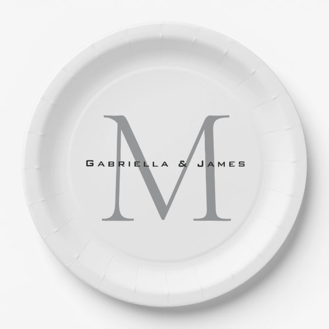Plato De Papel Caligrafía de gris blanco negro monogramada encant (Anverso)