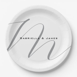 Plato De Papel Caligrafía de gris blanco negro monogramada encant