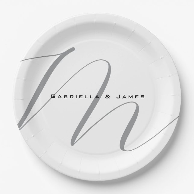 Plato De Papel Caligrafía de gris blanco negro monogramada encant (Anverso)