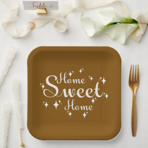 Plato De Papel Caligrafía festiva y estrellas 'hogar dulce hogar'