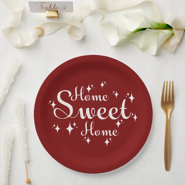 Plato De Papel Caligrafía festiva y estrellas 'hogar dulce hogar' (Boda)