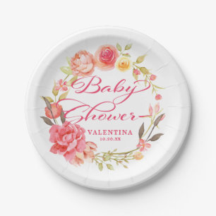 Plato De Papel Caligrafía floral rosa Girly Baby Shower
