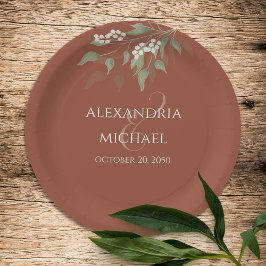 Plato De Papel Caligrafía minimalista simple de Boda de terracota