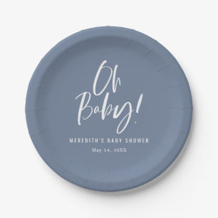 Plato De Papel Caligrafía simple azul Sexo Neutral Baby Shower