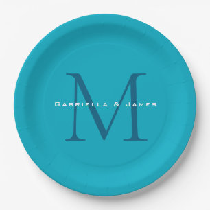 Plato De Papel Calligrafía monogramada Azure Blue Modern Plain