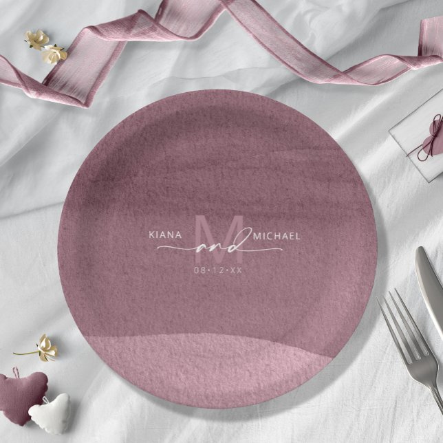 Plato De Papel Calligraphy Monogram Wedding Mauve ID771 (Subido por el creador)