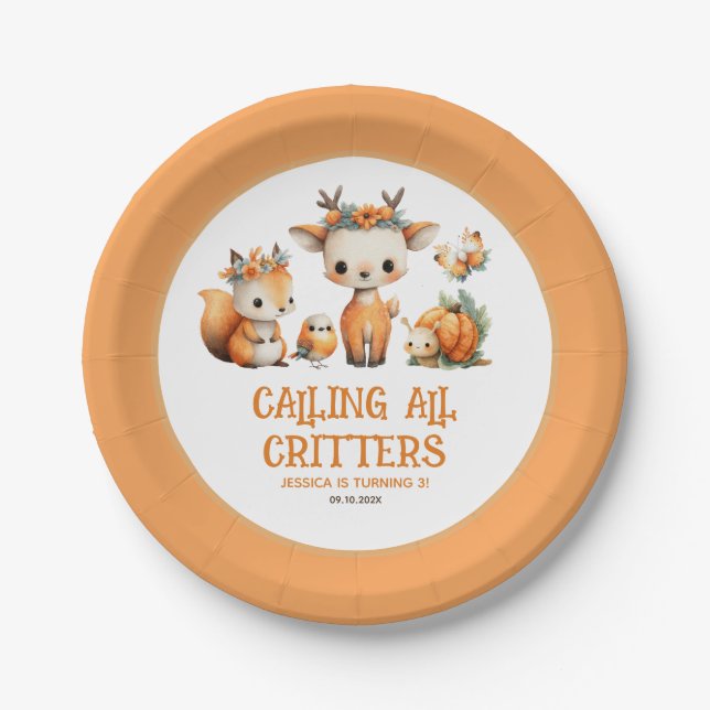 Plato De Papel Calling All Critters Woodland Fall Kids' Birthday  (Anverso)