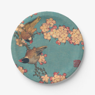 Plato De Papel Camachuelo de Hokusai y Flor de Cerezo Ave Vintage