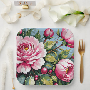 Plato De Papel Camelias Rosadas Y Cielo Azul
