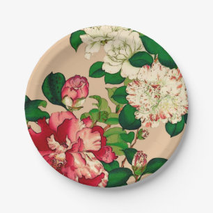 Plato De Papel Camellias japonesas antiguas. Rosa profundo en Bei