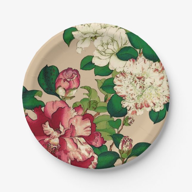 Plato De Papel Camellias japonesas antiguas. Rosa profundo en Bei (Anverso)