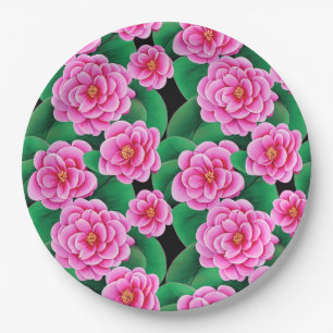 Plato De Papel Camellias rosas de Fuchsia y hojas verdes de jade