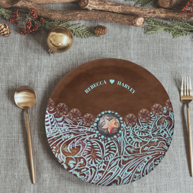 Plato De Papel camerino de cuero marrón turquesa del oeste (turquoise brown leather cowboy country western paper plates)