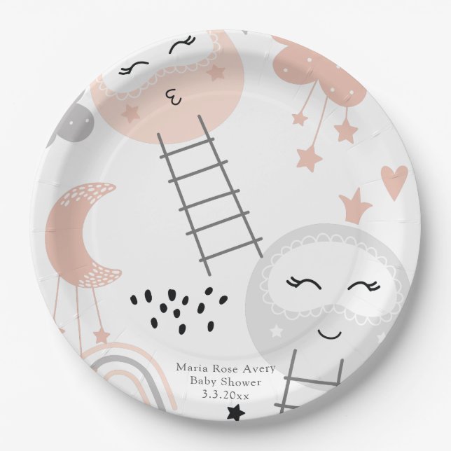 Plato De Papel Camino de Baby Shower a la luna personalizado (Anverso)