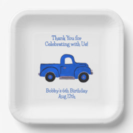 Plato De Papel Camión azul de época pintado a mano