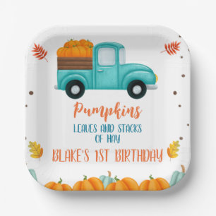 Plato De Papel Camión azul otoño Naranja Calabaza niños cumpleaño