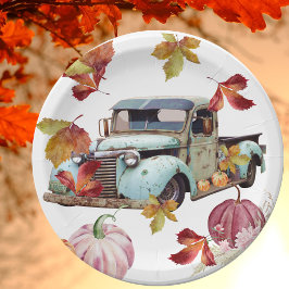 Plato De Papel Camión azul vintage en otoño deja calabazas
