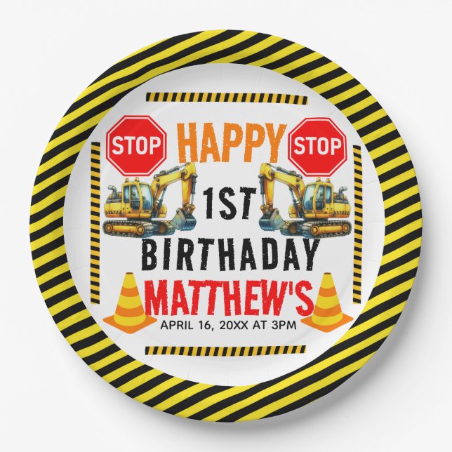 Plato De Papel Camión basurero de construcción Fiesta de cumpleañ (Anverso)