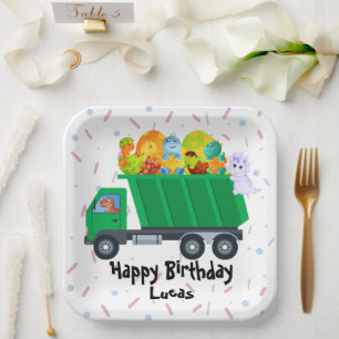 Plato De Papel Camión de basura de huevo de dinosaurio bebé lindo