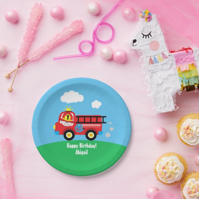 Plato De Papel Camión de bomberos bomberos Feliz cumpleaños (Fiesta)