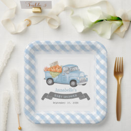 Plato De Papel Camión de calabaza azul Gingham Boy Baby Shower