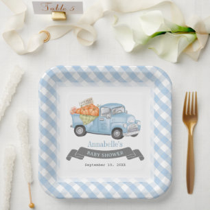 Plato De Papel Camión de calabaza azul Gingham Boy Baby Shower