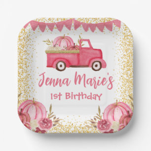 PLATO DE PAPEL CAMIÓN DE CAMIÓN DE COLOR ROSA PRIMER CUMPLEAÑOS