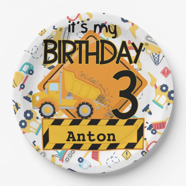 Plato De Papel Camión de camiones amarillos de construcción 3er c (Anverso)