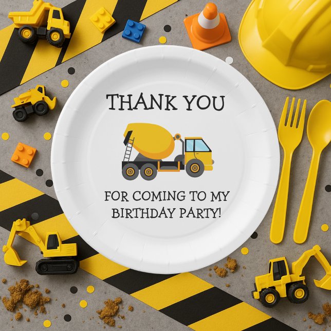 Plato De Papel Camión De Cemento Blanco Amarillo Cumpleaños De Ni (Construction birthday party paper plates)