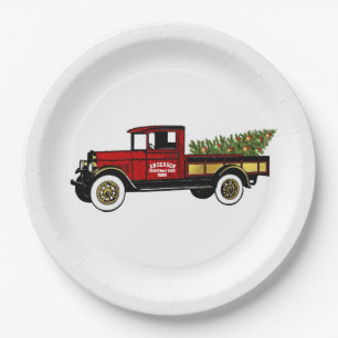 Plato De Papel Camión de época tu granja de árboles de Navidad
