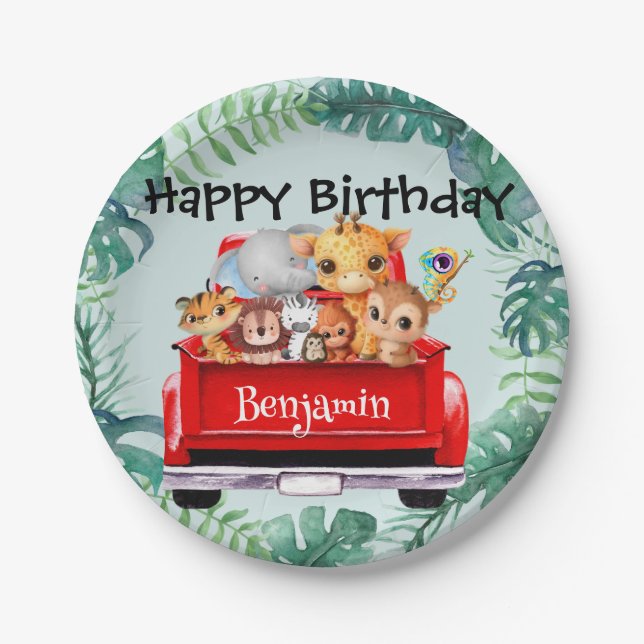 Plato De Papel Camión de granja de la jungla del zoológico (Anverso)