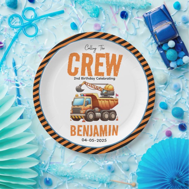 Plato De Papel Camión de la tripulación de la construcción (Fiesta)