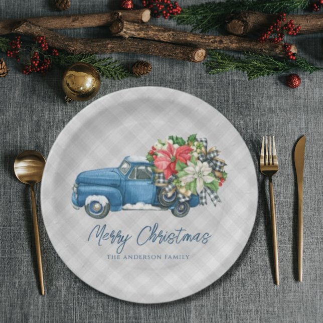 Plato De Papel Camión de Navidades Azules Gray Farmhouse Plaid Vi (Subido por el creador)