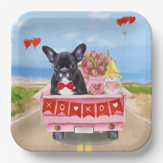 Plato De Papel Camión de San Valentín de Bulldog Francés (Anverso)