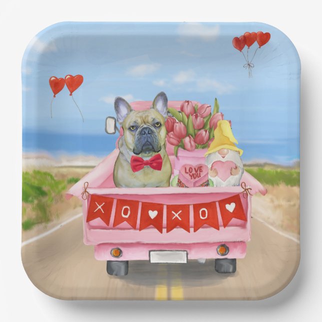 Plato De Papel Camión de San Valentín de Bulldog Francés (Anverso)