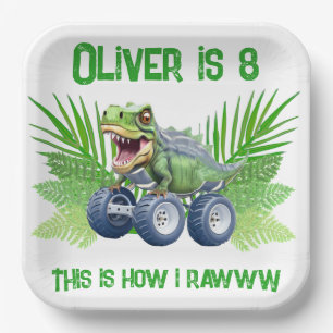 Plato De Papel Camión monstruo de los dinosaurios, cumpleaños per